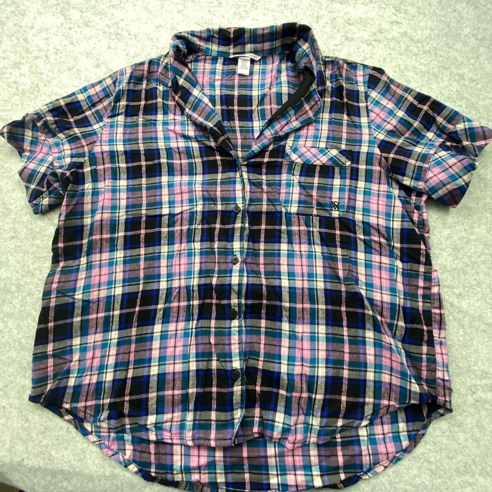 Victoria's Secret Button Up Shirt Womens L Multicolor Plaid Short Sleeve Top